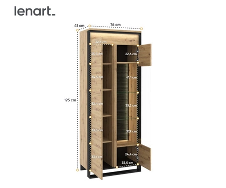Witryna Quant 76 cm dąb artisan / czarny nowoczesny design witryna do salonu w stylu loftowym system otwierania drzwi push to open