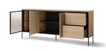 Komoda z szufladami Visso 201 cm dąb linearny stylowa komoda z gustownym przeszklonym frontem system otwierania push to open