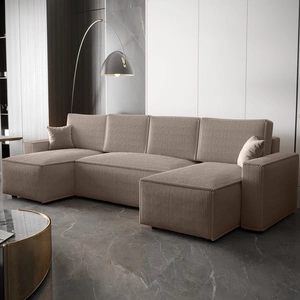 Narożnik z funkcją spania Nelo U beżowy komfortowy i nowoczesny narożnik z pojemnikiem na pościel sztruksowa prążkowana tkanina