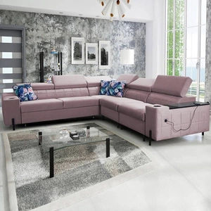 Narożnik z funkcją spania Belvi IV wrzosowy prawostronny elegancki i stylowy narożnik rozkładany do salonu praktyczny schowek w boczku