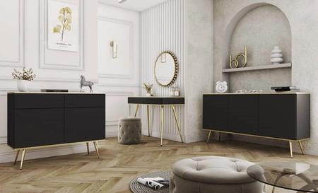 Komoda Luxury 160 cm czarna elegancki design korpus zwieńczony złotą listwą komoda wsparta na metalowych nogach w kolorze złotym