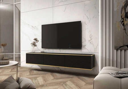 Szafka RTV wisząca Luxury 175 cm czarna zachwyci miłośników eleganckich aranżacji stylowy ryflowany front korpus zwieńczony złotą listwą