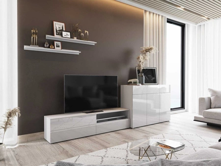 Meblościanka Aliartos biała / biały połysk nowoczesny design system otwierania drzwi i szuflad push to open zestaw mebli z komodą