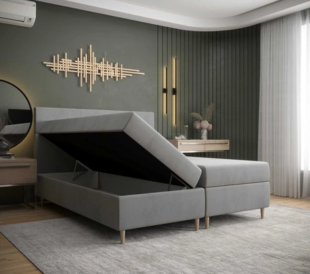 Łóżko kontynentalne Bing 140x200 musztardowy w nowoczesnym skandynawskim stylu z charakterystycznym wezgłowiem