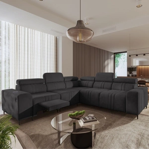 Narożnik z funkcją spania Castel III Lux grafitowy lewostronny niezwykle komfortowy narożnik do salonu z wysuwanym podnóżkiem