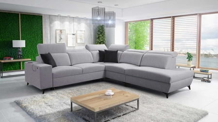 Narożnik z funkcją spania Kelly Sleek IX szary popiel prawostronny narożnik z wygodnymi podłokietnikami i regulowanymi zagłówkami