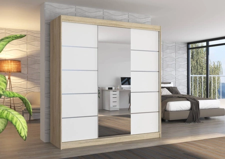 Szafa przesuwna z lustrem Bergen 200 cm dąb sonoma jasny / biały klasyczna forma dekoracyjne listwy na frontach szafy do przedpokoju