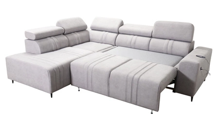 Narożnik z funkcją spania Castel VII szary popiel lewostronny stylowy narożnik z pojemnikiem na pościel i regulowanymi zagłówkami