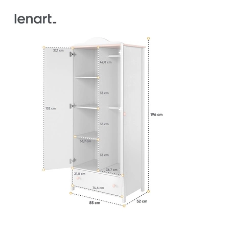 Szafa Luna 85 cm biały / różowy estetyczna szafa dedykowana do pokoju dziewczęcego wyposażona w dwa drążki na ubrania wiszące