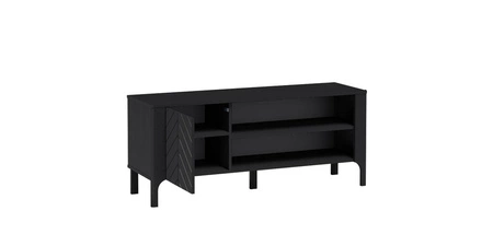 Szafka RTV Malumi 135 cm czarna nowoczesna forma szafka pod telewizor z ozdobnym wzorem jodełki na frontach wysokie nogi
