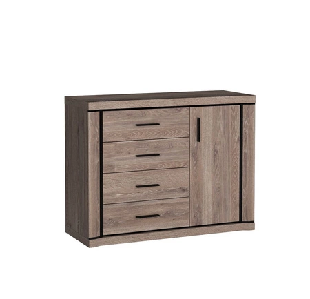 Komoda z szufladami Dallas 117 cm dąb truflowy / czarny elegancka stylistyka mebla wzbogacona o stylowe czarne dodatki