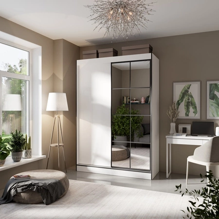 Szafa przesuwna z lustrem Osgar 150 cm biały / czarny oryginalny design doskonale odnajdzie się w pokoju młodzieżowym lub sypialni