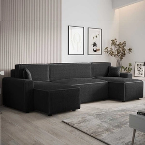 Narożnik z funkcją spania Brandon U Bis czarny pojemnik na pościel trójwymiarowa tkanina o wyrazistych prążkach miękkie podłokietniki