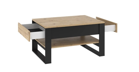 Stolik kawowy Quant dąb artisan / czarny nowoczesny i elegancki design stolik z szufladami i dodatkową półką kontrastowa kolorystyka