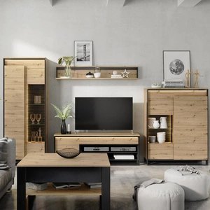 Zestaw mebli Quant dąb artisan / czarny nowoczesny design meblościanki do salonu oświetlenie LED trójwymiarowy charakter frontów