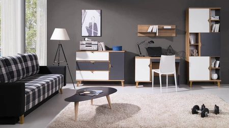 Regał z drzwiami Memone 80 cm dąb złoty / biały / grafitowy idealny regał do pokoju młodzieżowego lub pokoju dziecka w stylu skandynawskim