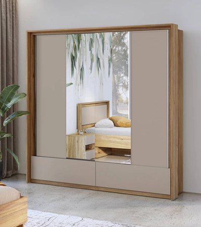 Szafa przesuwna Impressio 209 cm dąb mauvella / ciemny beżowy pojemna szafa z lustrem  oraz szufladami świetnie sprawdzi się w sypialni czy garderobie