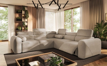 Narożnik z funkcją spania Cantare III Lux beżowy prawostronny stylowy i komfortowy narożnik do salonu z podnoszonym podnóżkiem