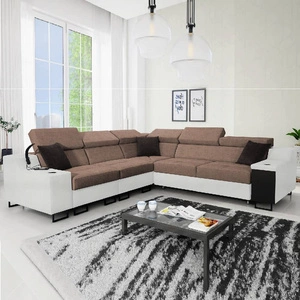 Narożnik z funkcją spania Alcamo III jasny brąz / biały lewostronny funkcjonalny narożnik z szufladą w boczku dwa pojemniki na pościel