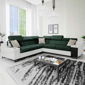 Narożnik z funkcją spania Alcamo III zielony / biały lewostronny funkcjonalny narożnik z szufladą w boczku dwa pojemniki na pościel