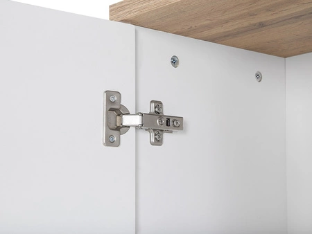 Zestaw mebli łazienkowych Bali biały połysk / dąb wotan nowoczesne szafki do łazienki stylowe frezowane uchwyty stabilna podstawa