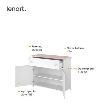Komoda z szufladą Luna 110 cm biały / różowy elegancka komoda idealna do pokoju dziewczęcego prosta konstrukcja solidne wykonanie
