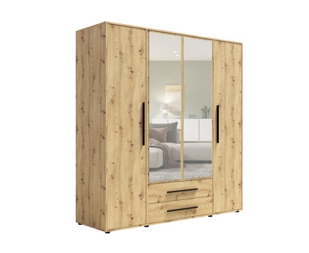 Szafa z lustrem Maxione 198 cm dąb artisan pojemna szafa do sypialni pokoju młodzieżowego lub przedpokoju wzbogacona szufladami