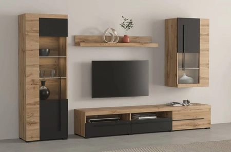 Meblościanka Roger dąb wotan / czarny elegancka stylistyka mebli wzbogacona o stylowe czarne dodatki idealna meblościanka do salonu