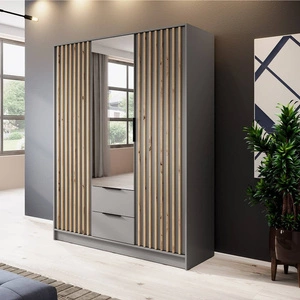 Szafa z lustrem Aspen 155 cm szara / lamele w kolorze dąb artisan nowoczesny design mebla drzwi szafy ozdobione lamelami