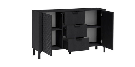 Komoda z szufladami Malumi 153 cm czarna elegancka i funkcjonalna komoda do nowoczesnych wnętrz subtelny wzór jodełki na frontach