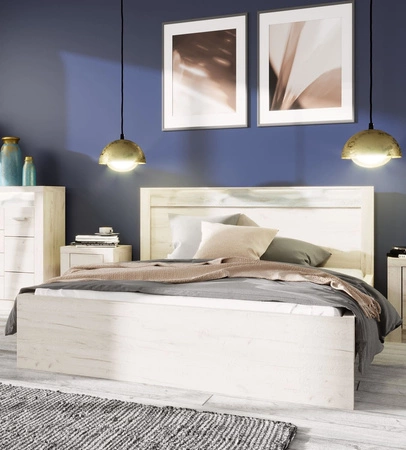 Łóżko Indiana 160x200 cm kraft biały idealne łóżko do stylowej sypialni ozdobna deska na zagłówku oświetlona LED