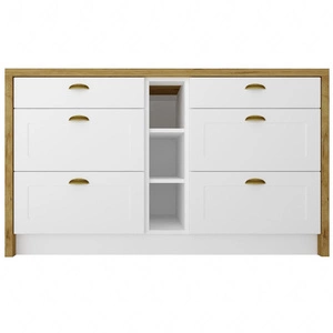 Wyspa kuchenna z szufladami Adele 147 cm dąb artisan / biały komfortowa stylowa wyspa kuchenna z półkami i mosiężnymi uchwytami