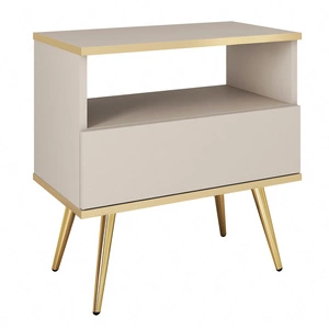 Szafka nocna z szufladą Luxury beżowa elegancki design korpus zwieńczony złotą listwą szafka wsparta na wysokich metalowych nogach