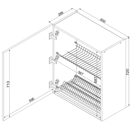 Szafka kuchenna wisząca z suszarką do naczyń Clara W60SU ALU szafka do kuchni odporna na działanie wilgoci czarne metalowe uchwyty