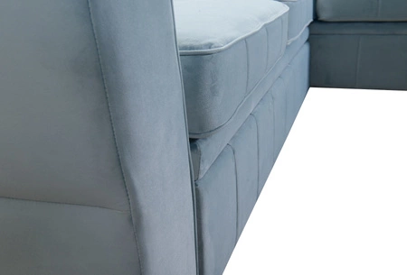 Narożnik z funkcją spania Rava miodowy prawostronny velvet komfortowy i funkcjonalny narożnik z regulowanymi zagłówkami