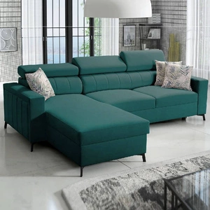 Narożnik z funkcją spania Savona turkusowy lewostronny wygodny i elegancki narożnik z regulowanymi zagłówkami dekoracyjne przeszycia