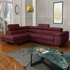 Narożnik z funkcją spania Ganta bordowy lewostronny nowoczesna tkanina welurowa gwarantuje najwyższy komfort i funkcjonalność