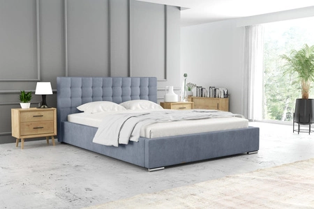 Łóżko tapicerowane Umiky 140x200 niebieskie stylowe łóżko z pojemnikiem na pościel wygodny zagłówek zachwyca eleganckim designem