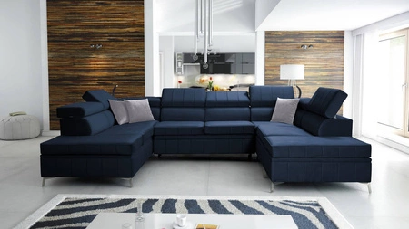 Narożnik z funkcją spania Rava VIII granatowy lewostronny elegancki design gustowna bryła z gwarancją komfortu miękka tkanina