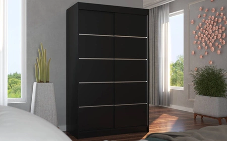 Szafa przesuwna Benisso 120 cm czarna praktyczna i funkcjonalna szafa do sypialni fronty wykończone poziomymi srebrnymi listwami