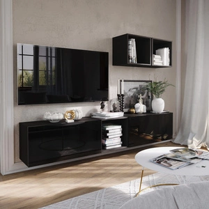 Meblościanka Glifa czarna / czarny połysk stylowa i ergonomiczna meblościanka do każdego wnętrza system otwierania drzwi push to open