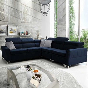 Narożnik z funkcją spania Rava IV granatowy prawostronny velvet komfort podczas codziennego wypoczynku pojemnik na pościel