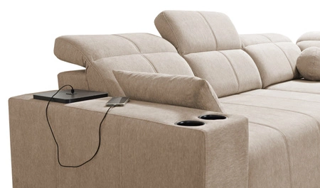 Narożnik z funkcją spania Tesalia II niebieski prawostronny komfortowy narożnik do salonu z przesuwanym oparciem pojemnik na pościel