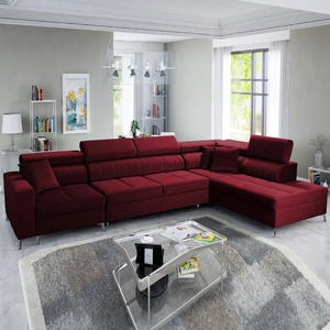 Narożnik z funkcją spania Nausa X bordowy prawostronny narożnik z dwoma pojemnikami na pościel wykonanie z tkaniny typu velvet