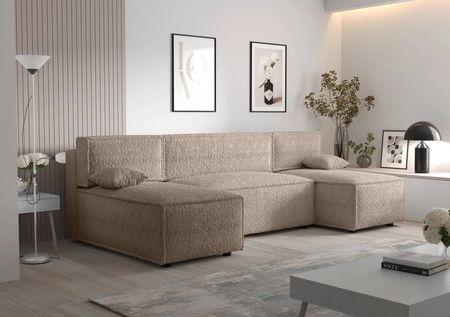 Narożnik z funkcją spania Brandon U beżowy pojemnik na pościel miękka tkanina o charakterystycznej pętelkowej powierzchni