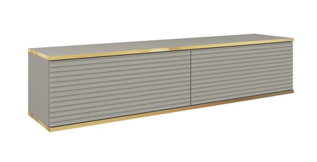 Szafka RTV wisząca Luxury 135 cm szara zachwyci miłośników eleganckich aranżacji korpus zwieńczony złotą listwą stylowy ryflowany front