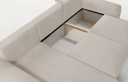 Narożnik z funkcją spania Arbon beżowy lewostronny nowoczesne wzornictwo narożnika o charakterystycznym kształcie miękka tkanina