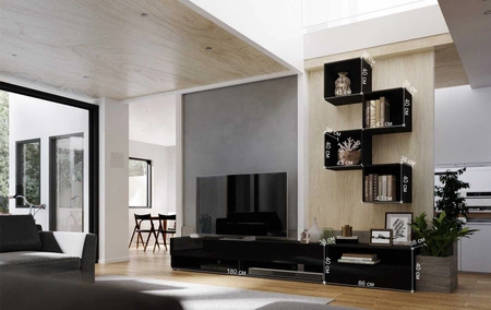 Meblościanka Nemea biała / biały połysk uniwersalna i stylowa meblościanka do salonu minimalistyczny design w nowoczesnej aranżacji