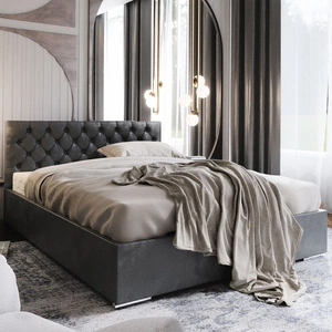 Łóżko tapicerowane Alvorada 160x200 szare z pojemnikiem w nowoczesnym skandynawskim stylu z pikowanym zagłówkiem