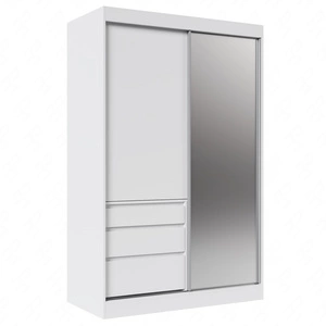 Szafa przesuwna z lustrem Haidar 140 cm biała funkcjonalna i użytkowa szafa z szufladami doskonała do mniejszych pomieszczeń